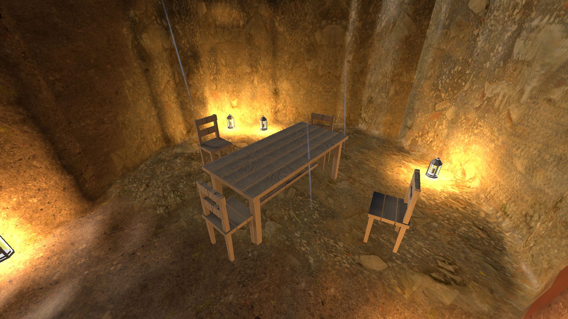 An underground chamber cut into rock, furnished with a long table and chairs under lantern light