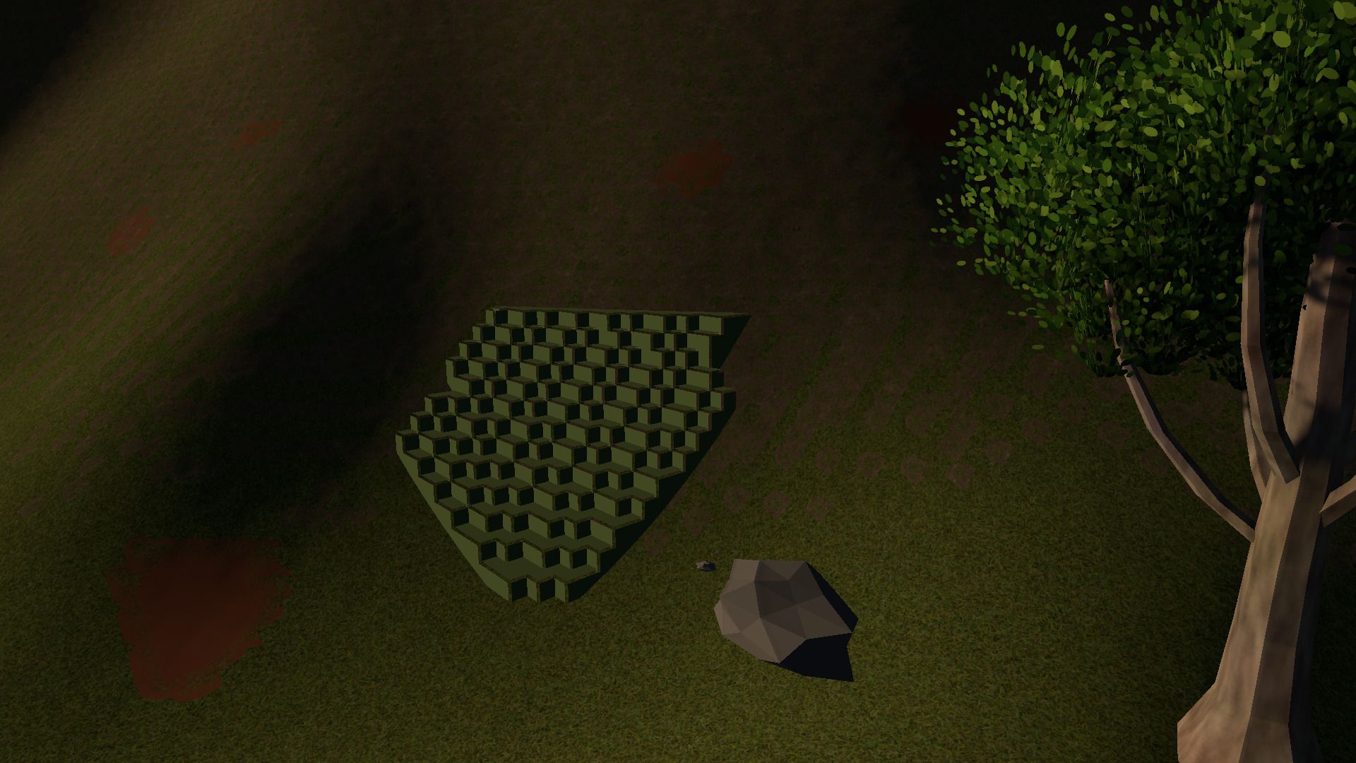A wedge of hillside painted with a checkered overlay marking it for the village to dig out