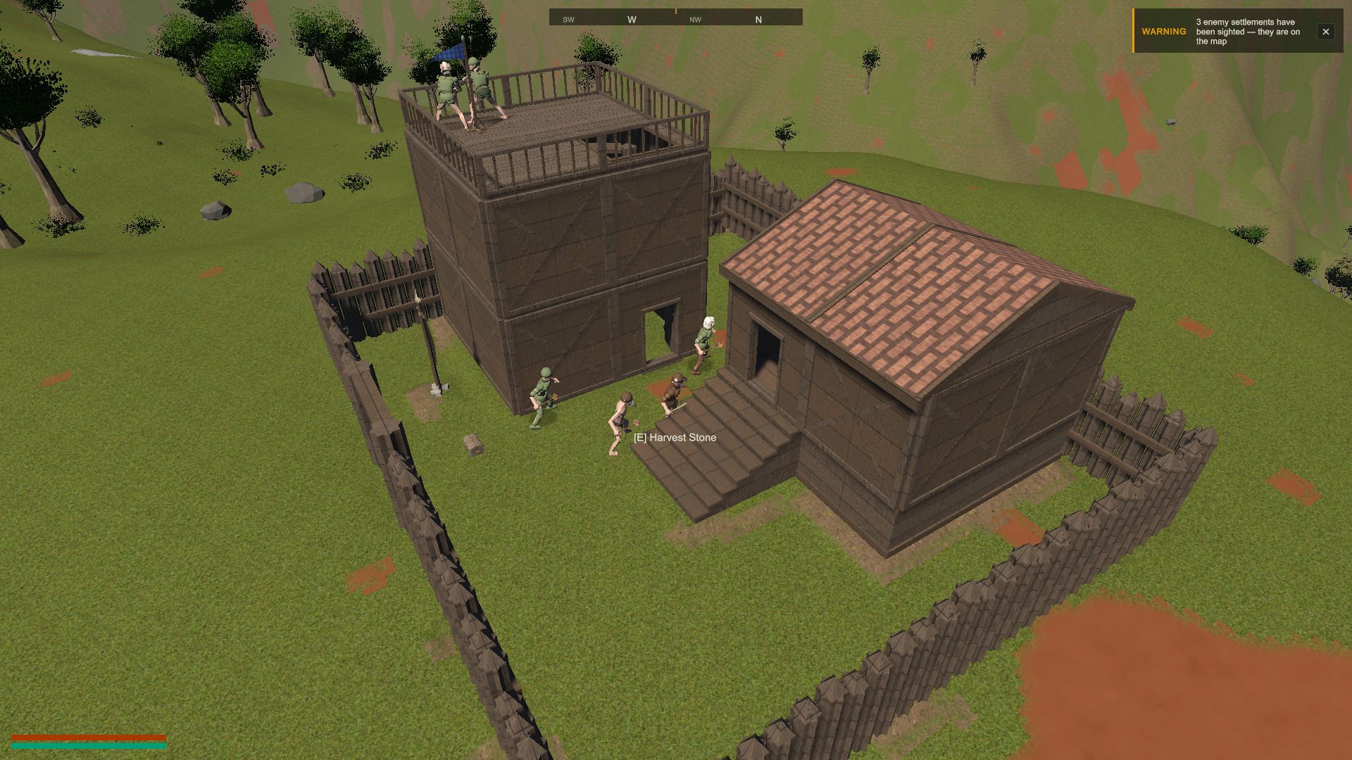 A small palisaded raider camp on green grassland, with a timber watchtower and a single hall