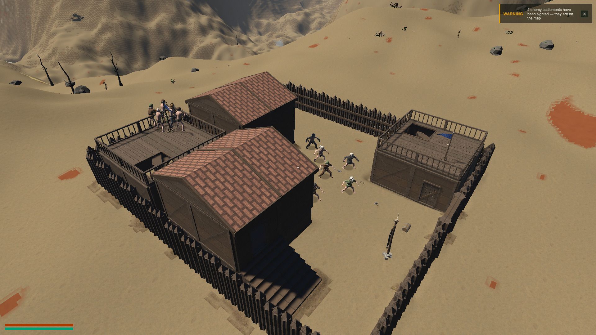 A palisaded raider fort of two halls and a corner tower standing in open desert, its garrison gathered in the yard