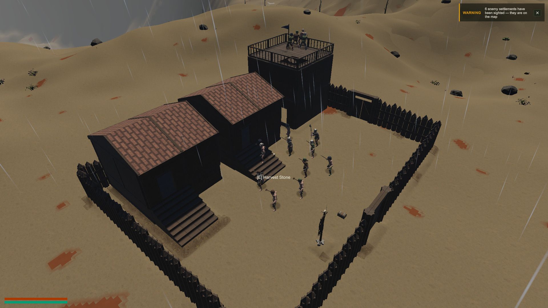 A raider fort with near-black hardened timber walls standing in desert rain, defenders in the yard and on the tower deck