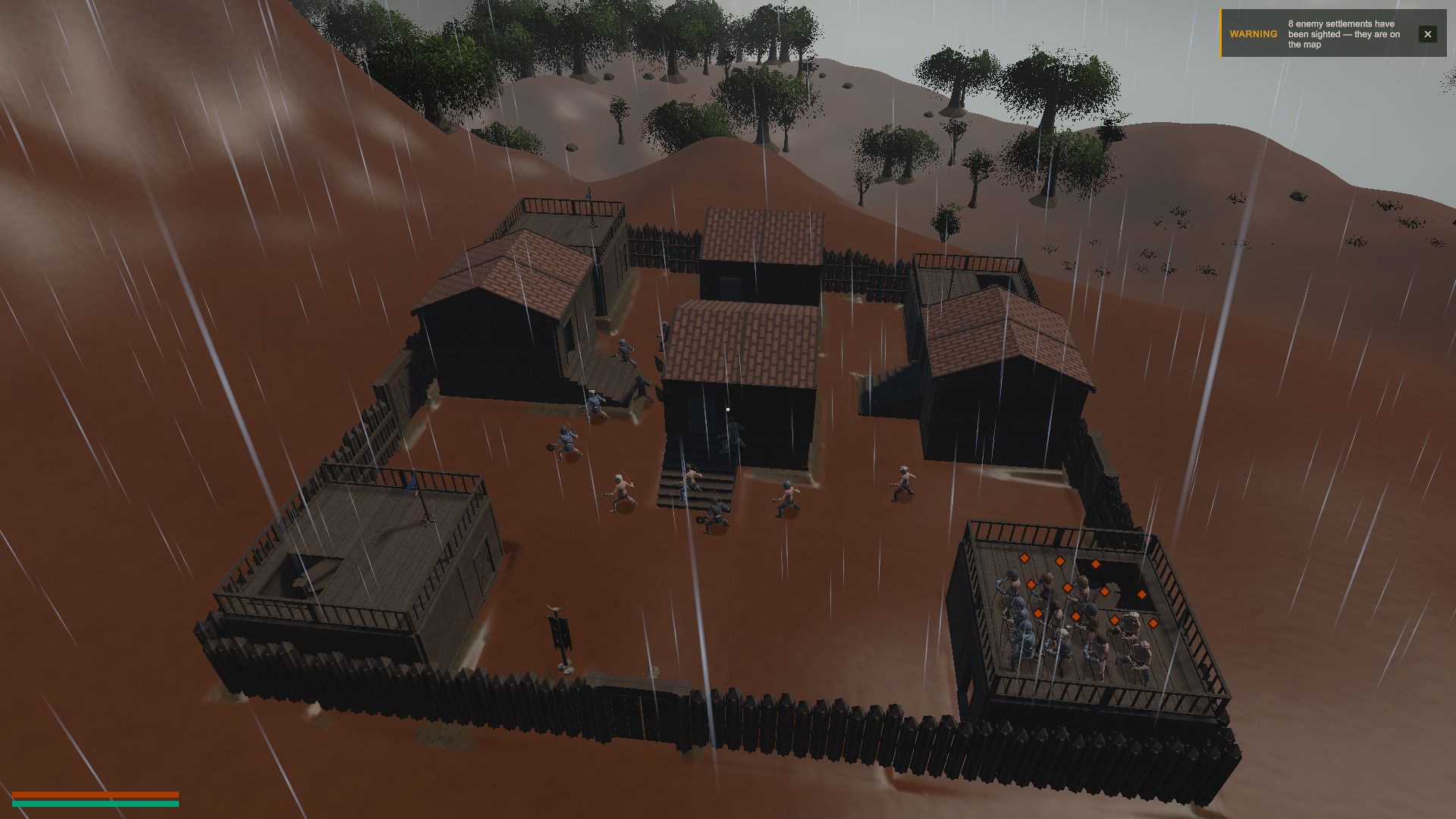 A large raider stronghold of several halls and pens inside a long palisade, on red earth in heavy rain